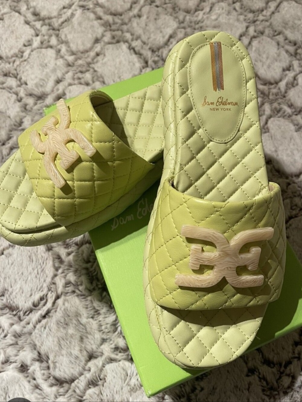 Sam Edelman Quilted Slide Mules in Light Lime with Cream Logo